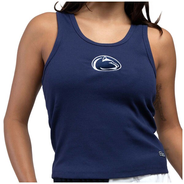 model wearing navy women's tank top with Penn State Athletic Logo